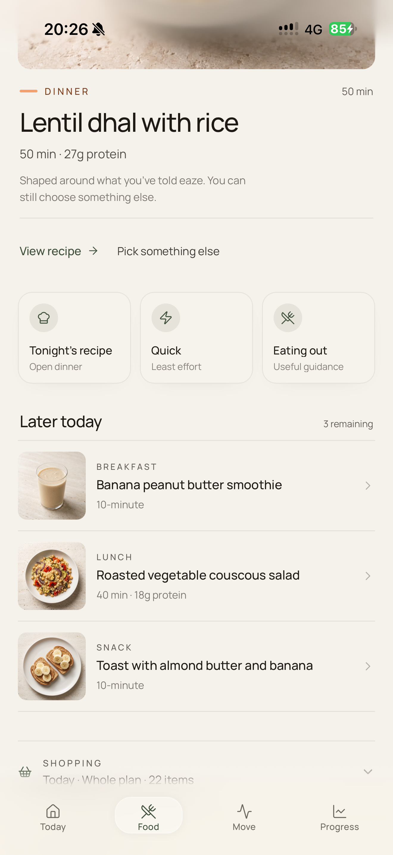 The eaze Food screen: tonight's dinner recipe and meals for later today