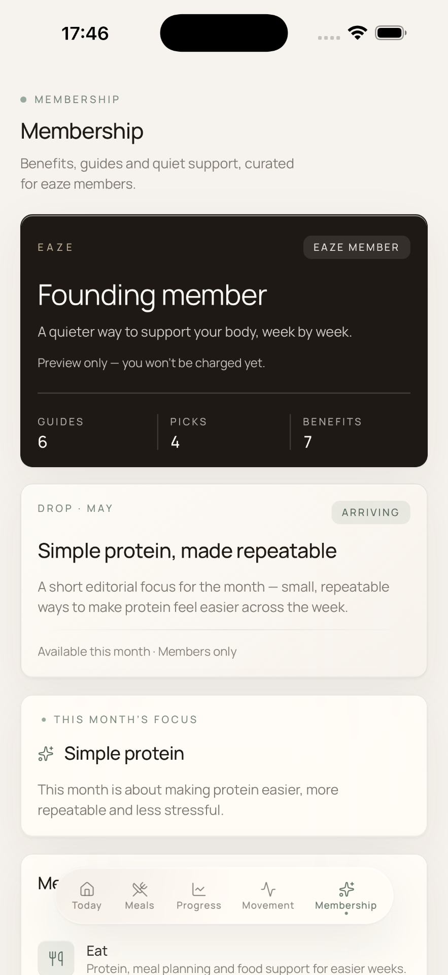 The eaze Membership screen on iPhone — a preview of the founding member area