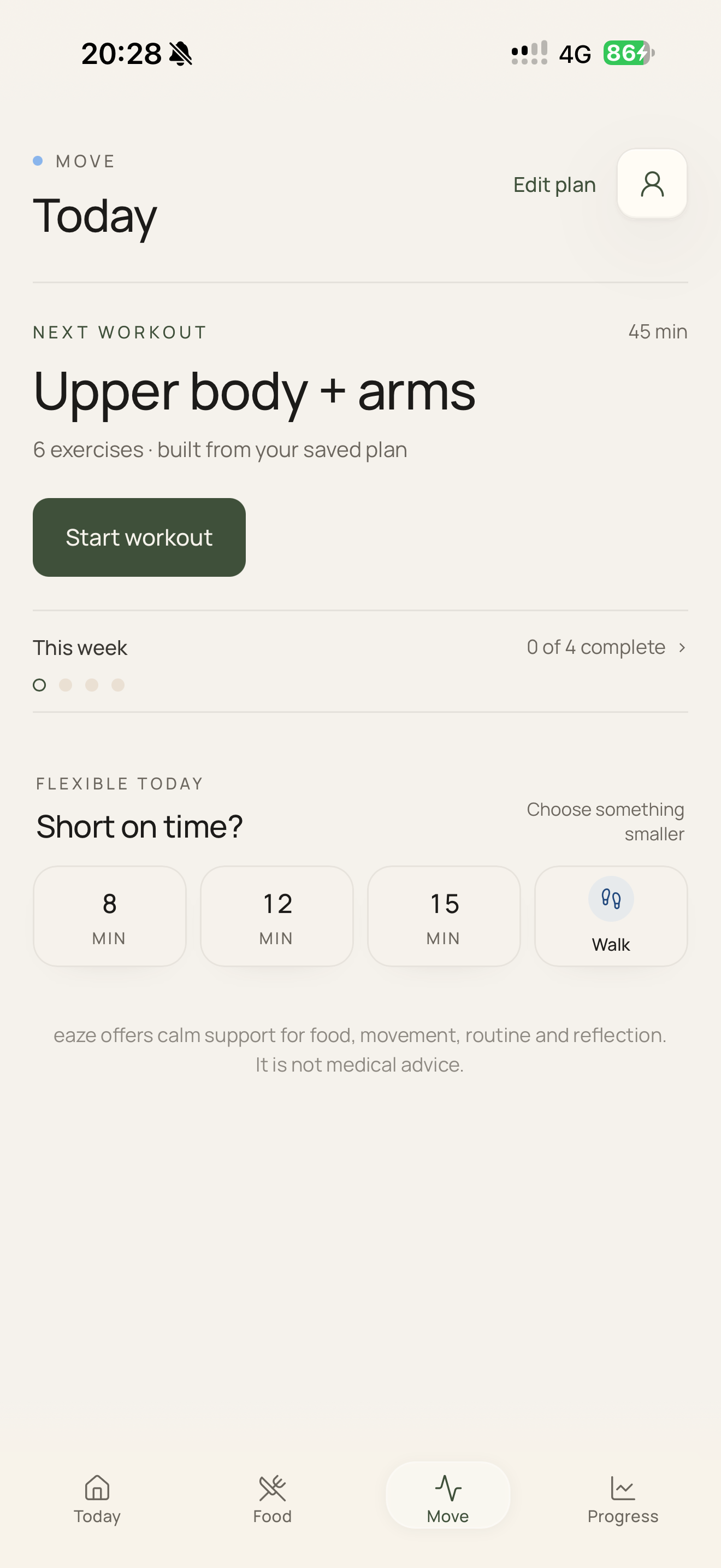 The eaze Move screen: next workout, this week's plan and shorter options including a walk