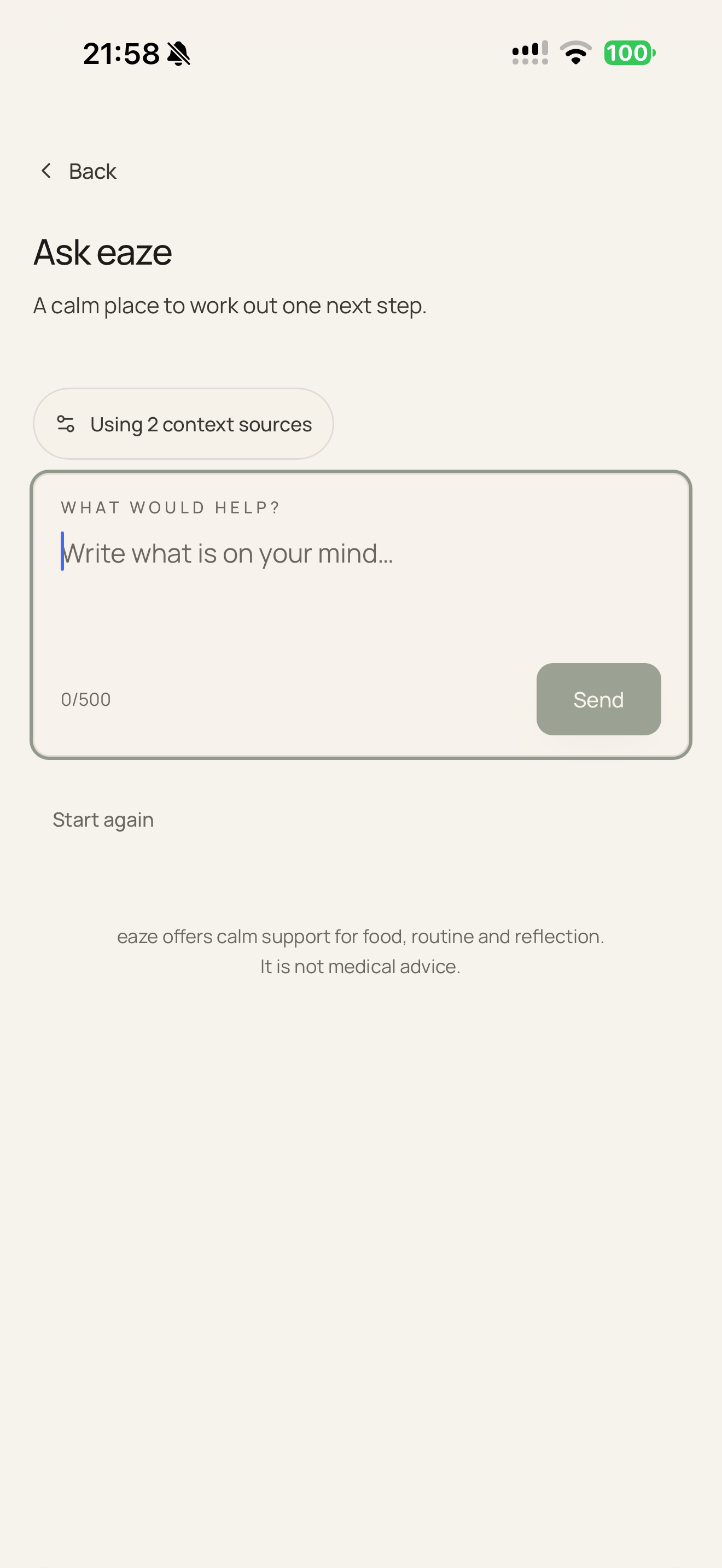 The Ask eaze screen: a calm place to work out one next step, using approved context sources